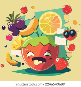 Abstract 2D illustration of 50's style summer fruits on a bright yellow background