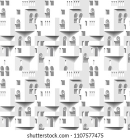 Abstract 3 D white geometrical background. Seamless pattern. Architectural structure with shadow. Simple clean white background texture. Vector interior wall panel pattern.