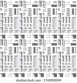 Abstrakt 3 D weißer geometrischer Hintergrund. Hausfassade. Ziegel. Nahtloses Muster. Architektur mit Schatten. Einfache, weiße Hintergrundtextur. Muster der Innenwand des Vector.