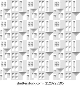 Abstract 3 D white geometrical background. Brick. Seamless pattern. Architectural structure with shadow. Simple clean white background texture. Vector interior wall panel pattern.