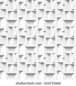 Abstract 3 D white geometrical background. Brick. Seamless pattern. Architectural structure with shadow. Simple clean white background texture. Vector interior wall panel pattern.
