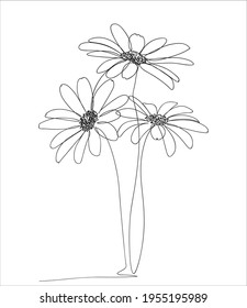 Abstract 3 Daisies one line drawing on white background. One-line drawing. Continuous line. Vector Eps10