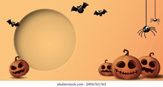 Abstract 3 dimension circle frame paper cut style with Halloween pumpkins, bats and spiders on orange background graphic illustration have blank space.