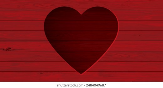 Abstract 3 dimension heart frame on red painted cut timber panels background with blank space. Valentine's day greeting card template.