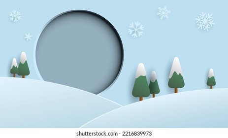Abstract 3 dimension paper cut winter season concept with blank circle frame.