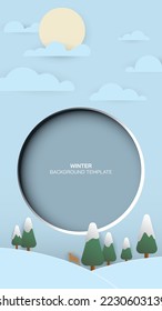 Abstract 3 dimension paper cut winter season concept with blank circle frame on vertical light blue background. Winter advertisement template. Christmas flat design background with blank space.