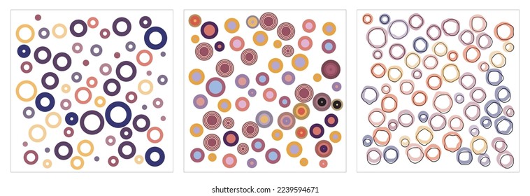 Resumen 3 estilos de círculo multicolor forma un patrón de tamaño aleatorio sobre fondo blanco.  Ilustración vectorial.