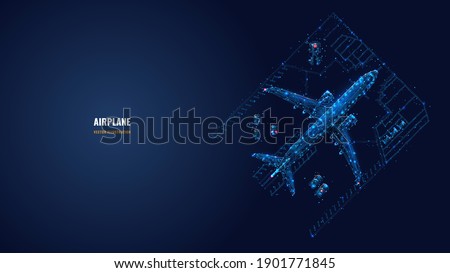 Abstract 3d airplane and cars in hangar. View from the top. Low poly aircraft concept in dark blue. Vector mesh image looks like starry sky. Digital wireframe with dots, lines and glowing particles