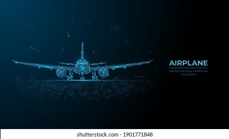 Abstraktes 3D-Flugzeug in dunkelblau. Reisen, Tourismus, Business, Flugverkehr Konzept. Digitale Vektorgitter mit Punkten, Linien und fliegenden Teilchen sehen wie Trümmer aus. Low-Poly-Airliner-WLAN