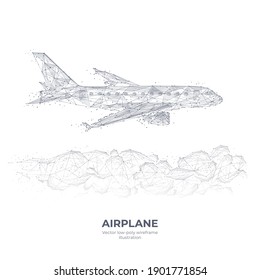 Abstract 3d airplane flying over clouds. Digital vector wireframe of airliner in the sky. Travel, tourism, business, transportation concept. Polygonal hand drawn sketch with connected dots in white