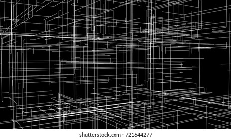 Abstract 3d architectural background with lines and levels. Building structure scheme. Vector technology illustration. HUD element for design. Perspective view. Cyber space hierarchy