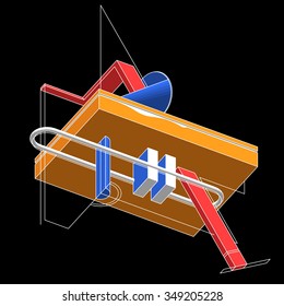 Abstract 3d architectural design. Composition of geometric shapes and lines. Solid figures and linework. Plain colors, white strokes, black background. Parallel projection. Vector illustration.