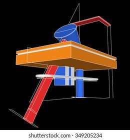 Abstract 3d architectural design. Composition of geometric shapes and lines. Solid figures and linework. Plain colors, white strokes, black background. Perspective projection. Vector illustration.