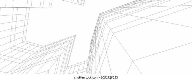 Abstract 3d architecture wireframe building. Geometric background