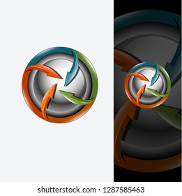 abstract 3d arrow logo rotates in the center of the circle, modern and sophisticated design, with full and glossy colors, vector design for industry and business, template logo illustrations, web logo