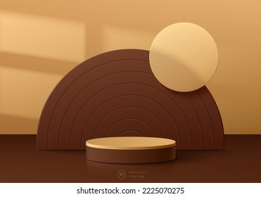 Abstract 3D backgroun with realistic golden, brown cylinder product stand podium and semi circle backdrop. Retro minimal scene mockup display presentation. Vector geometric platform. Stage showcase.