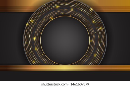 Abstract 3d background with black circle layers. Luxury concept vector geometric design template layout with golden light glitter shapes texture for use element cover event, banner announcement, brand