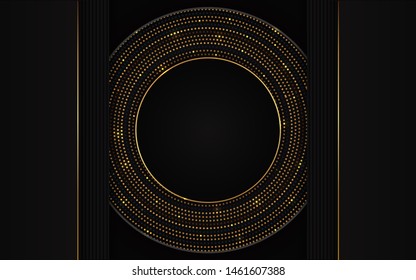 Abstract 3d background with black circle layers. Luxury concept vector geometric design template layout with golden light glitter shapes texture for use element cover event, banner announcement, brand