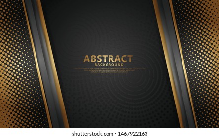 Abstract 3d background with black and gold layers. Vector geometric illustration of dots halftone sliced shapes textured. Graphic design element. luxury and elegant decoration