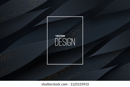 Abstract 3d background with black paper shapes. Vector geometric illustration of carbon sliced shapes textured with golden glittering dots. Graphic design element. Elegant decoration