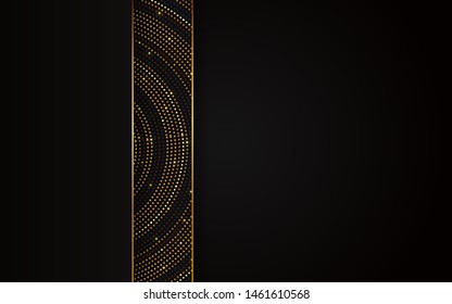 Abstract 3d background with black paper layers. Luxury concept vector geometric design template layout with golden light glitter shapes texture for use element cover, banner, business, advertising