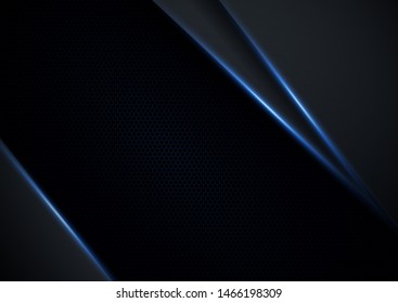 Abstract 3d background with black paper layers. Vector geometric illustration of carbon sliced shapes textured with blue glittering dots. Graphic design element. Elegant decoration