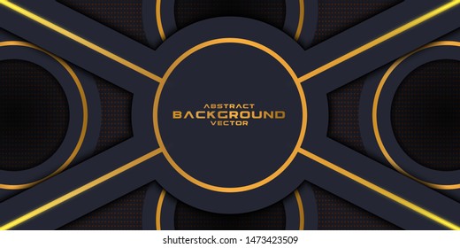 Abstract 3d background with black paper layers. Vector circle illustration of carbon sliced shapes textured with golden glittering dots
