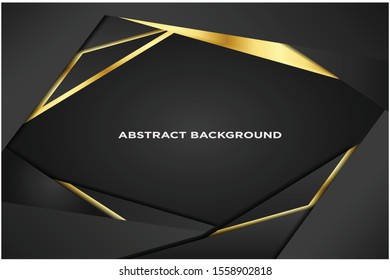 Abstract 3d background with black paper layers. Vector geometric illustration of carbon sliced shapes textured with golden glittering dots. Graphic design element. Elegant decoration