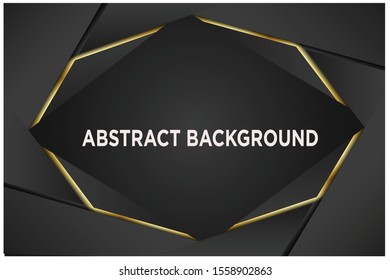 Abstract 3d background with black paper layers. Vector geometric illustration of carbon sliced shapes textured with golden glittering dots. Graphic design element. Elegant decoration