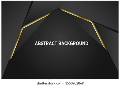 Abstract 3d background with black paper layers. Vector geometric illustration of carbon sliced shapes textured with golden glittering dots. Graphic design element. Elegant decoration