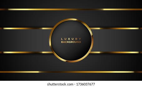 Abstract 3d background with black paper layers. Vector geometric illustration of carbon sliced shapes textured with golden glittering dots. Graphic design element. Elegant decoration