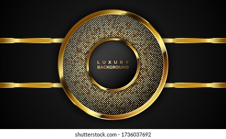 Abstract 3d background with black paper layers. Vector geometric illustration of carbon sliced shapes textured with golden glittering dots. Graphic design element. Elegant decoration