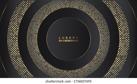 Resumen de fondo 3d con capas de papel negro. Ilustración geométrica vectorial de las formas en rodajas de carbono texturadas con puntos brillantes dorados. Elemento de diseño gráfico. Decoración elegante
