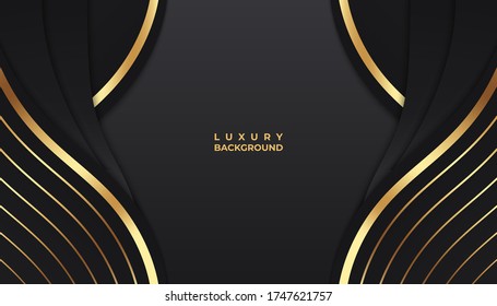 Abstract 3d background with black paper layers. Vector geometric illustration of carbon sliced shapes textured with golden glittering dots. Graphic design element. Elegant decoration