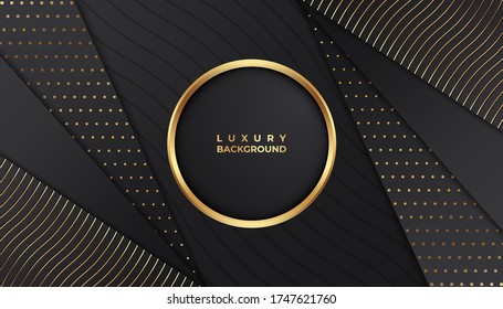 Abstract 3d background with black paper layers. Vector geometric illustration of carbon sliced shapes textured with golden glittering dots. Graphic design element. Elegant decoration