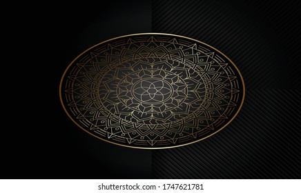 Abstract 3d background with black paper layers. Vector geometric illustration of carbon sliced shapes textured with golden glittering dots. Graphic design element. Elegant decoration