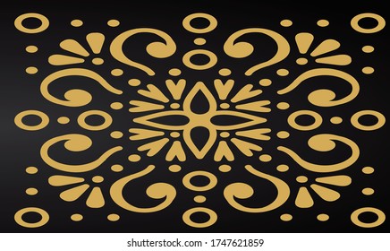 Abstract 3d background with black paper layers. Vector geometric illustration of carbon sliced shapes textured with golden glittering dots. Graphic design element. Elegant decoration