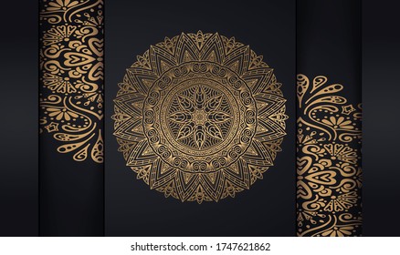 Abstract 3d background with black paper layers. Vector geometric illustration of carbon sliced shapes textured with golden glittering dots. Graphic design element. Elegant decoration