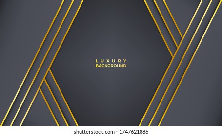 Abstract 3d background with black paper layers. Vector geometric illustration of carbon sliced shapes textured with golden glittering dots. Graphic design element. Elegant decoration