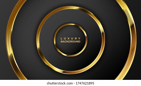 Abstract 3d background with black paper layers. Vector geometric illustration of carbon sliced shapes textured with golden glittering dots. Graphic design element. Elegant decoration