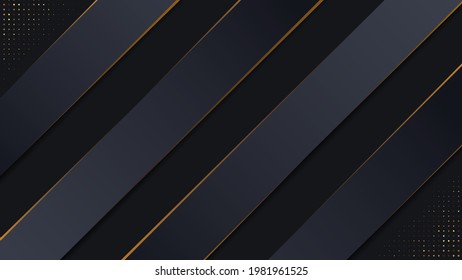 Abstract 3d background with black paper layers.Graphic design element. Elegant decoration.Vector geometric illustration of carbon sliced shapes textured with golden glittering dots.