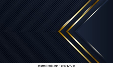Abstract 3d background with black paper layers. Vector geometric illustration of carbon sliced shapes textured with golden line. Graphic design element. Elegant decoration