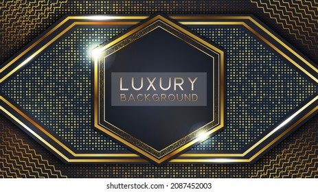 Abstract 3d background with black paper layers. Vector geometric illustration of carbon sliced shapes textured with golden glittering dots. Graphic design element. Elegant decoration