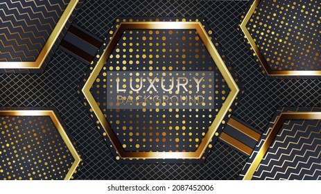 Abstract 3d background with black paper layers. Vector geometric illustration of carbon sliced shapes textured with golden glittering dots. Graphic design element. Elegant decoration