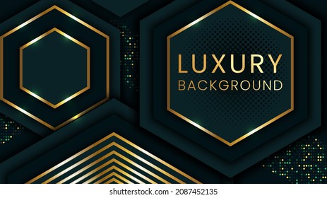 Resumen de fondo 3d con capas de papel negro. Ilustración geométrica vectorial de las formas en rodajas de carbono texturadas con puntos brillantes dorados. Elemento de diseño gráfico. Decoración elegante