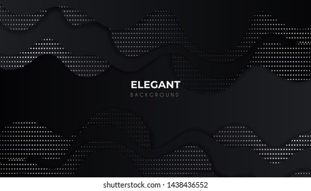 Abstract 3d background with black papercut. Abstract realistic papercut decoration textured with wavy shapes and silver glitter paillettes. Black minimalistic abstract background. Vector