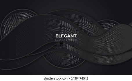 Abstract 3d background with black papercut. Abstract realistic papercut decoration textured with wavy shapes and silver glitter paillettes. Black minimalistic abstract background. Vector