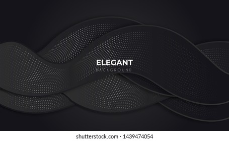 Abstract 3d background with black papercut. Abstract realistic papercut decoration textured with wavy shapes and silver glitter paillettes. Black minimalistic abstract background. Vector