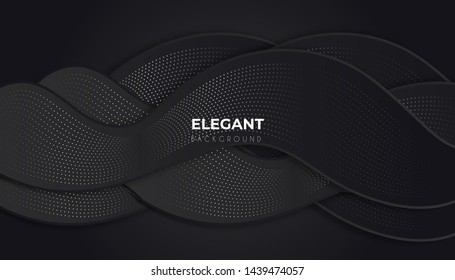 Abstract 3d background with black papercut. Abstract realistic papercut decoration textured with wavy shapes and silver glitter paillettes. Black minimalistic abstract background. Vector