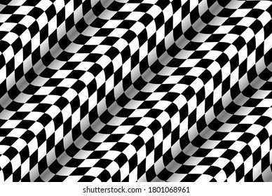 Abstract 3D Background black and white, distorted wavy checkered pattern, vector illustration